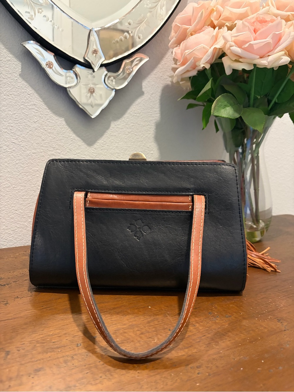 Patricia Nash Leather Reversible 3 in 1 Satchel Black Signature Map